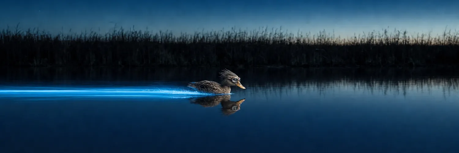 e/quacc banner: the duck racing across a night pond