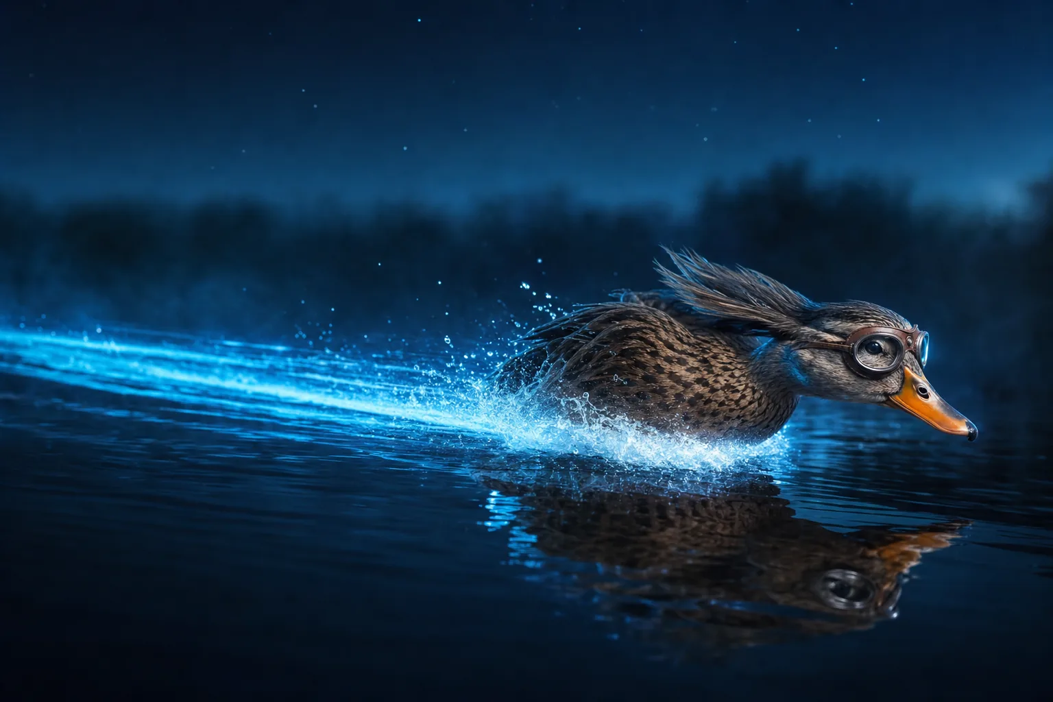 Quacc, a duck in vintage racing goggles, racing across a dark pond at blue hour with a glowing cyan wake behind him