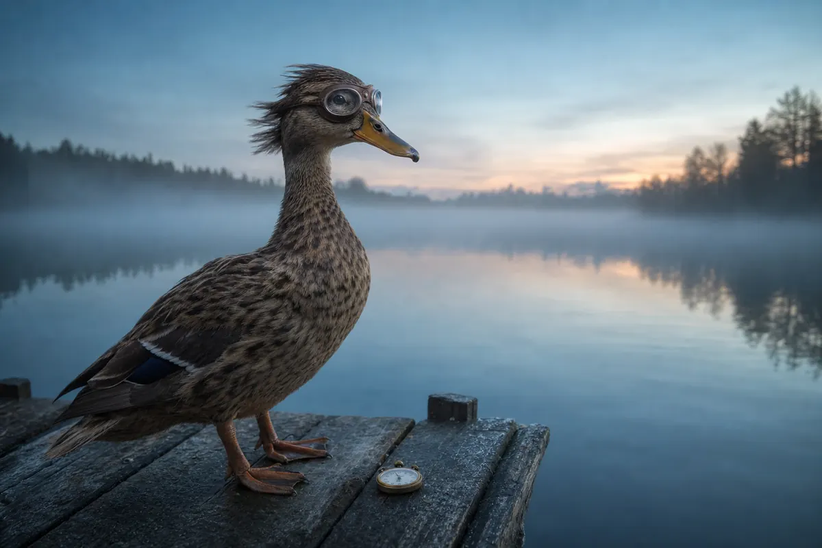 Quacc standing at the end of a wooden dock at dawn next to a small brass stopwatch