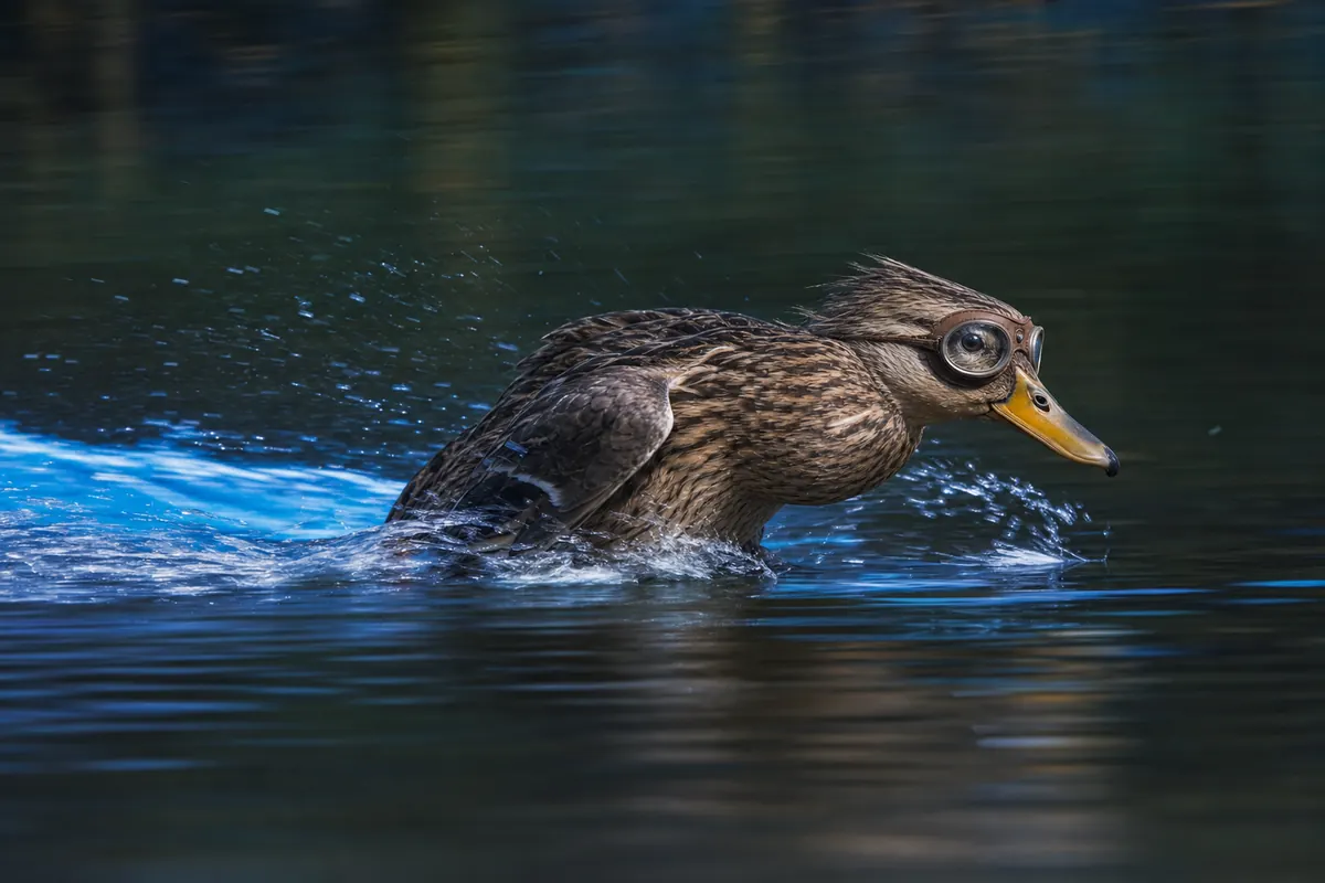 Quacc skimming across the pond at full speed at night, spray flying, a cyan wake behind him