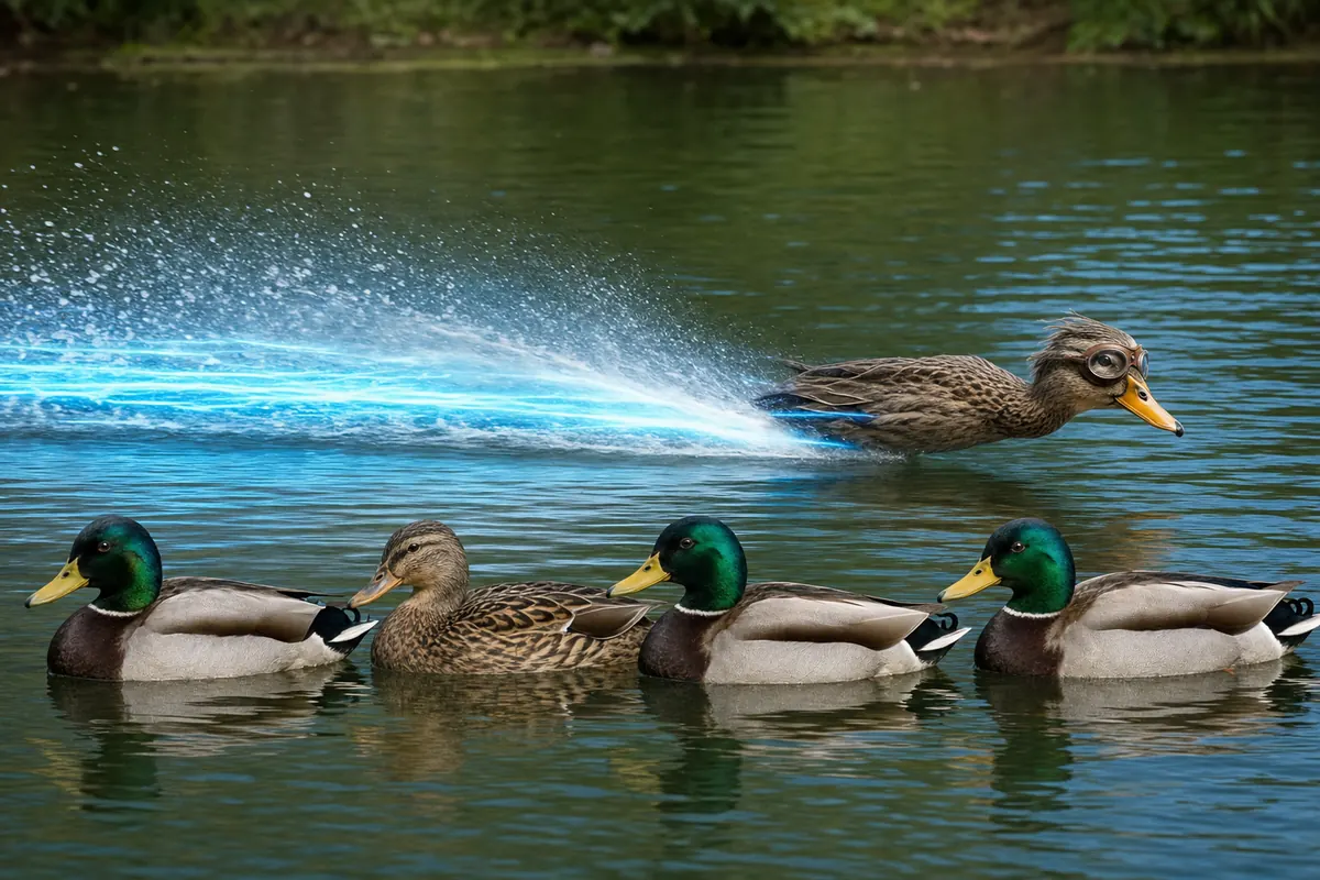 Four ordinary ducks float calmly while Quacc zooms past behind them with a cyan wake