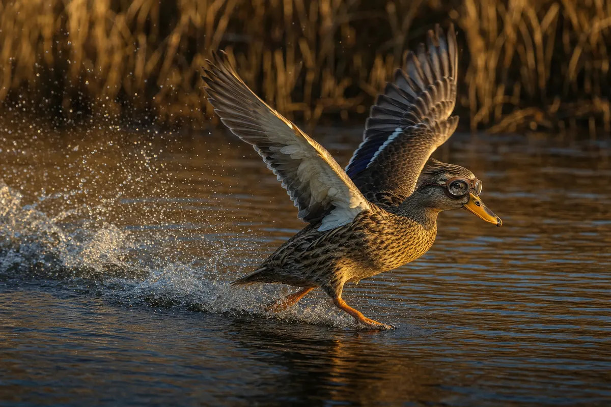 Quacc running across the water to take off, wings spread, in golden evening light